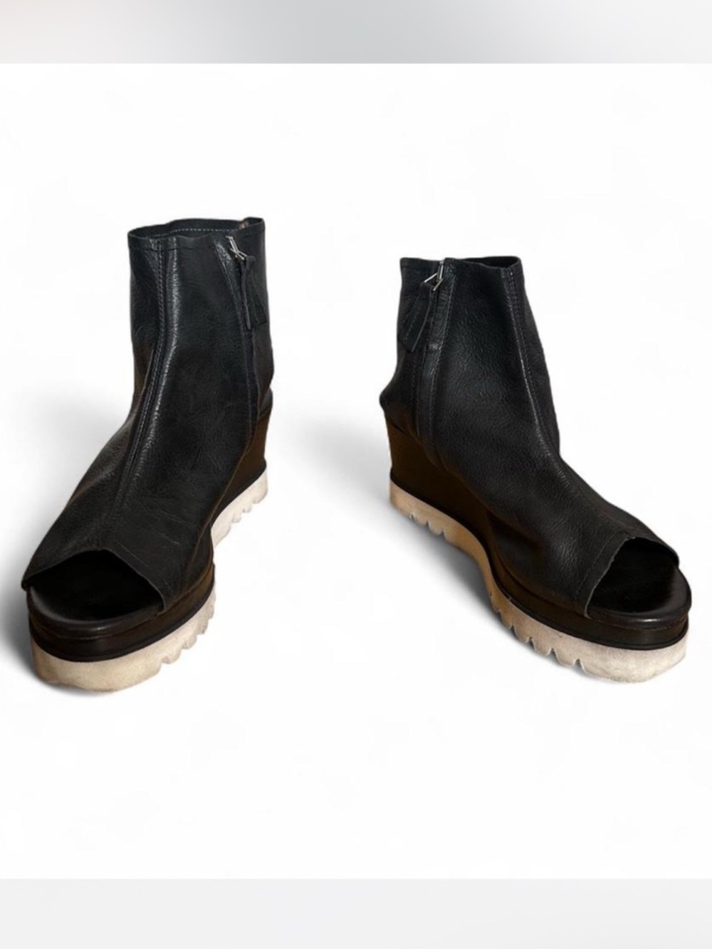 💜 Hangar9 Black Platform Open Toe Leather Sandal Ankle Boots (38) - Picture 2 of 7